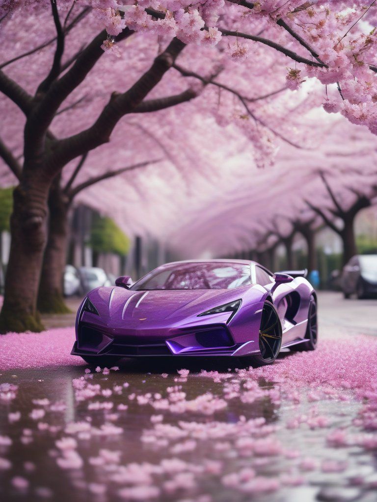 A purple supercar under cherry blossoms, properly adapted to landscape dimensions