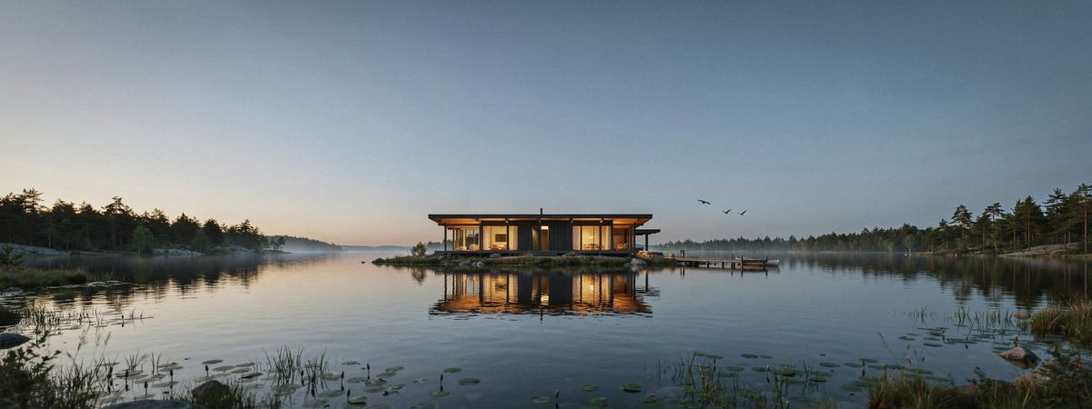 A wide dusk view across a still lake to a modern single-story house with glowing floor-to-ceiling windows