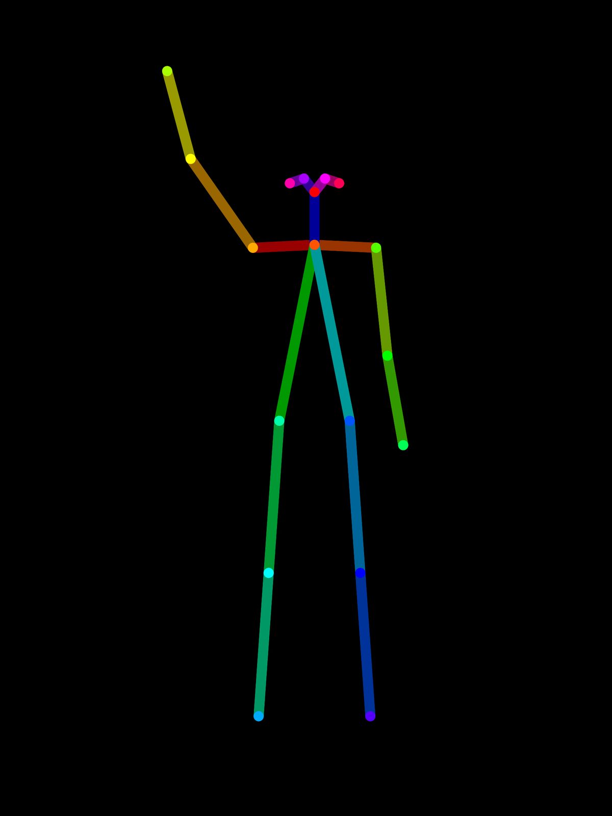 A pose skeleton on black with the right arm raised and bent, drawn in the OpenPose colors