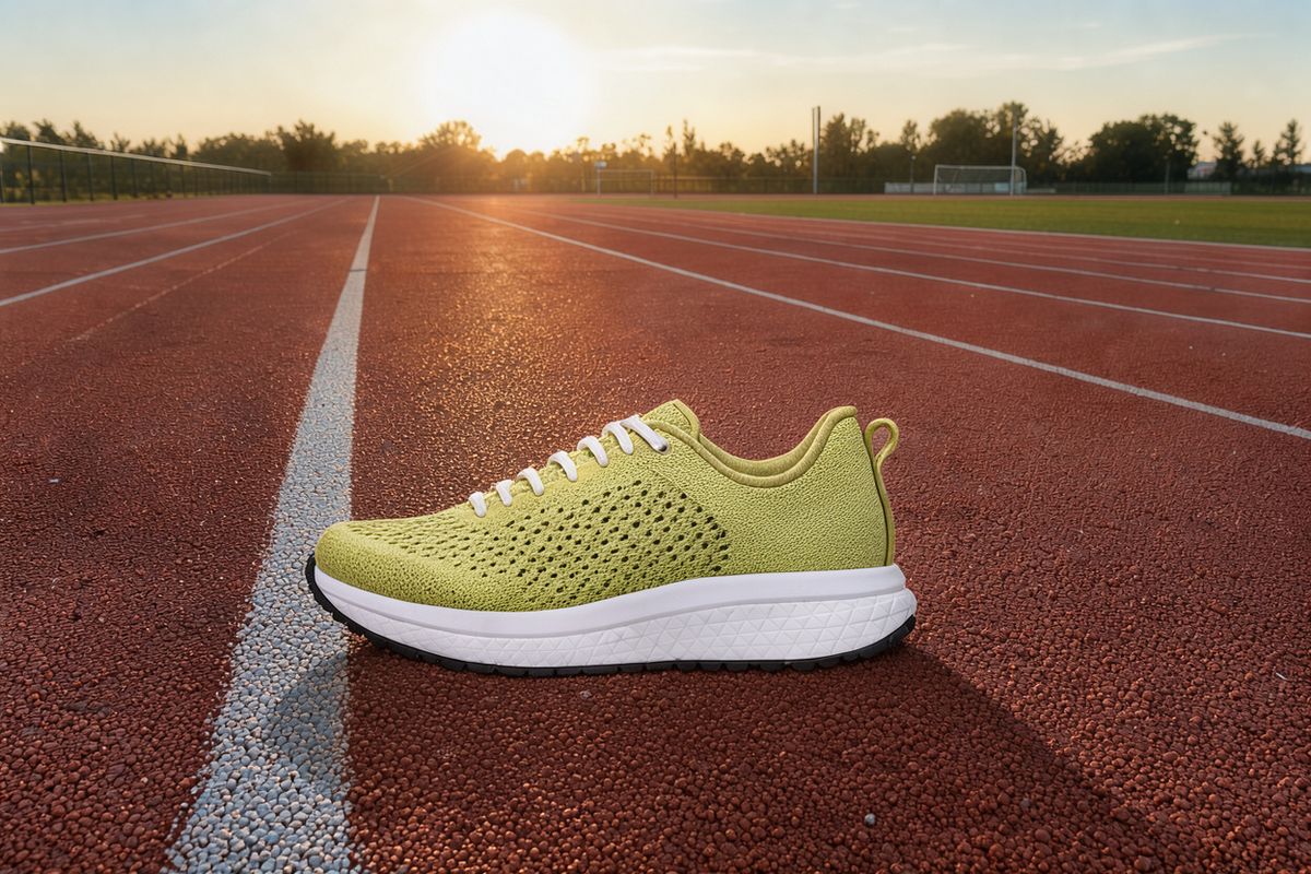 The lime green running shoe standing beside a white lane line on a red running track, backlit by a low morning sun, with its shadow falling across the track