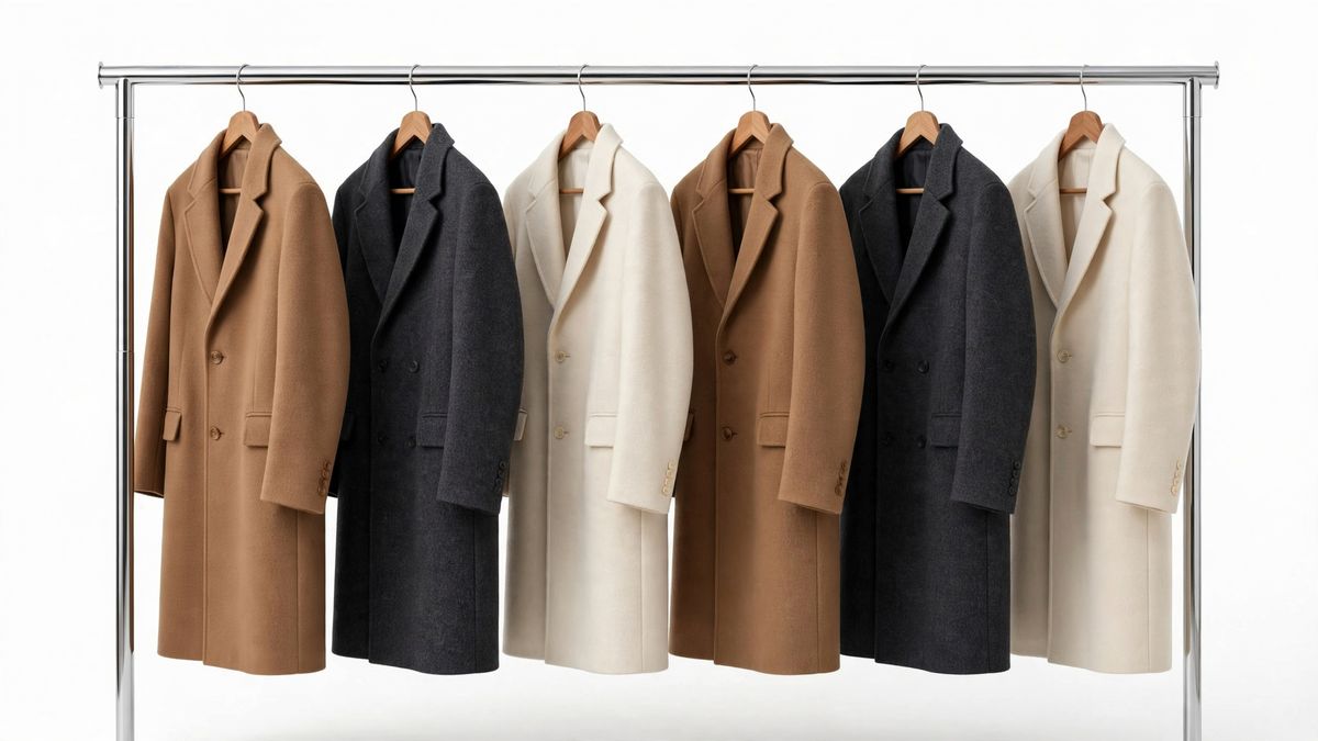 A chrome clothing rail hung with six wool overcoats in camel, charcoal and cream on wooden hangers against a white background