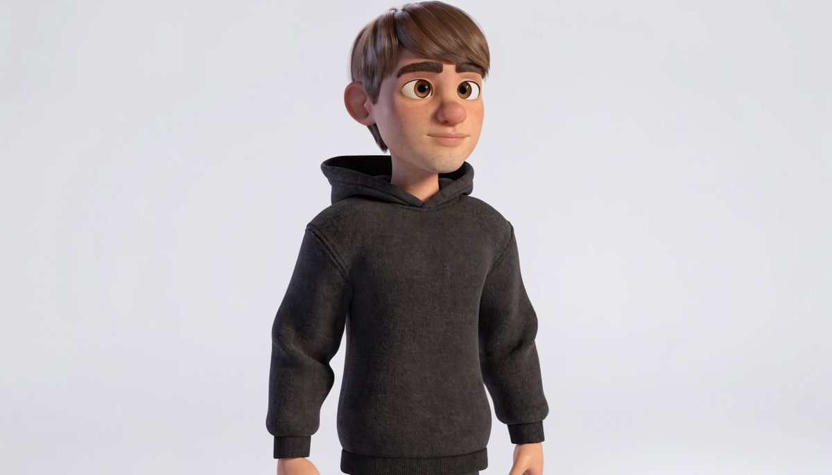 3D character in a black hoodie standing in a grey studio, medium shot