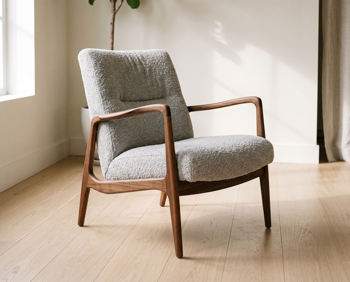 A mid-century armchair with a curved walnut frame and light gray boucle upholstery, angled to the left on a pale oak floor against a white wall