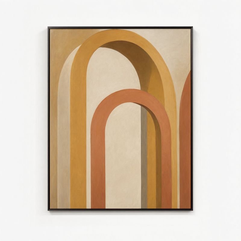 A framed abstract print of overlapping ochre, terracotta, and sand arches in a thin black frame