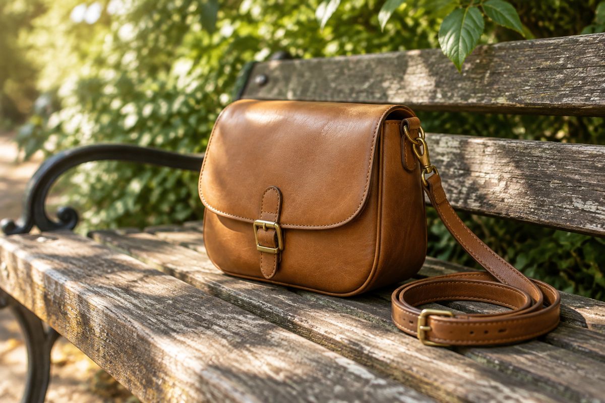 A tan leather crossbody bag resting on a weathered wooden park bench with its strap coiled beside it, dappled green foliage behind