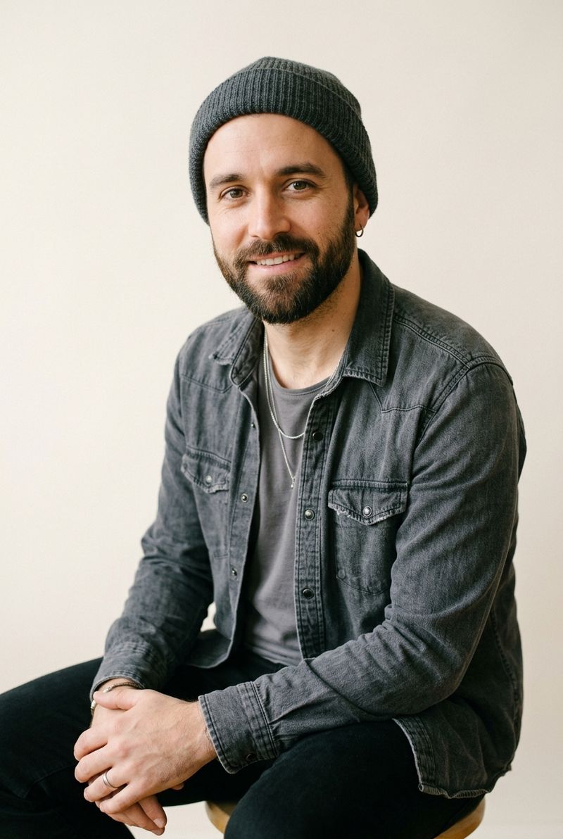 A studio portrait of a man in his early thirties with a short dark beard, a charcoal denim shirt and a grey beanie