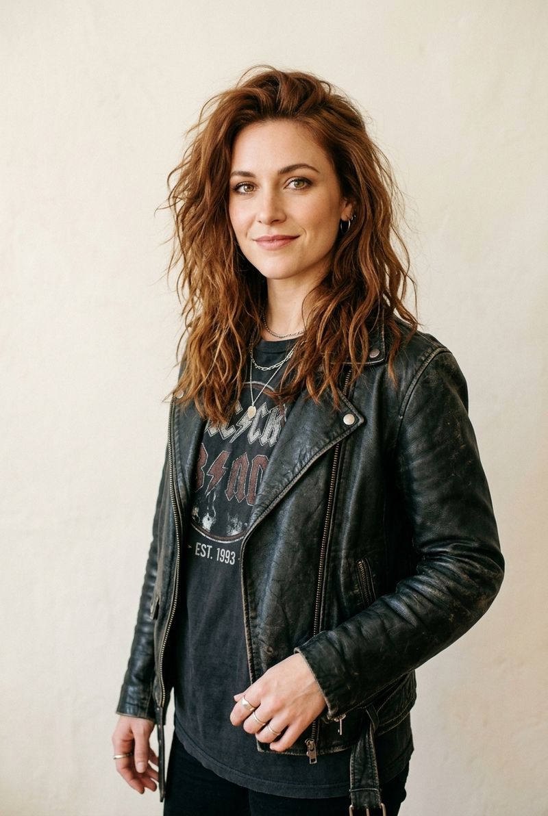 A studio portrait of a woman in her late twenties with auburn hair, a leather jacket over a vintage band tee