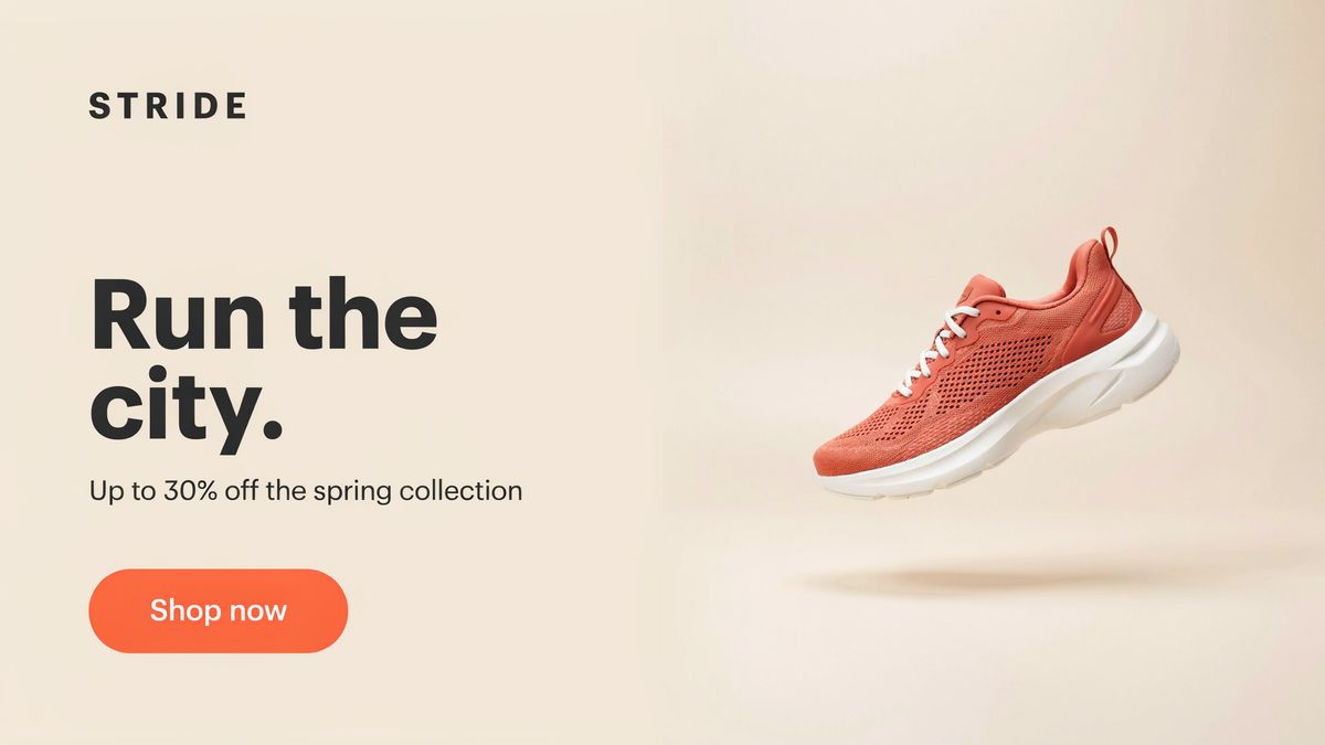 A web banner with a coral and white running shoe on the right and the text STRIDE, Run the city., Up to 30% off the spring collection and a coral Shop now button on the left