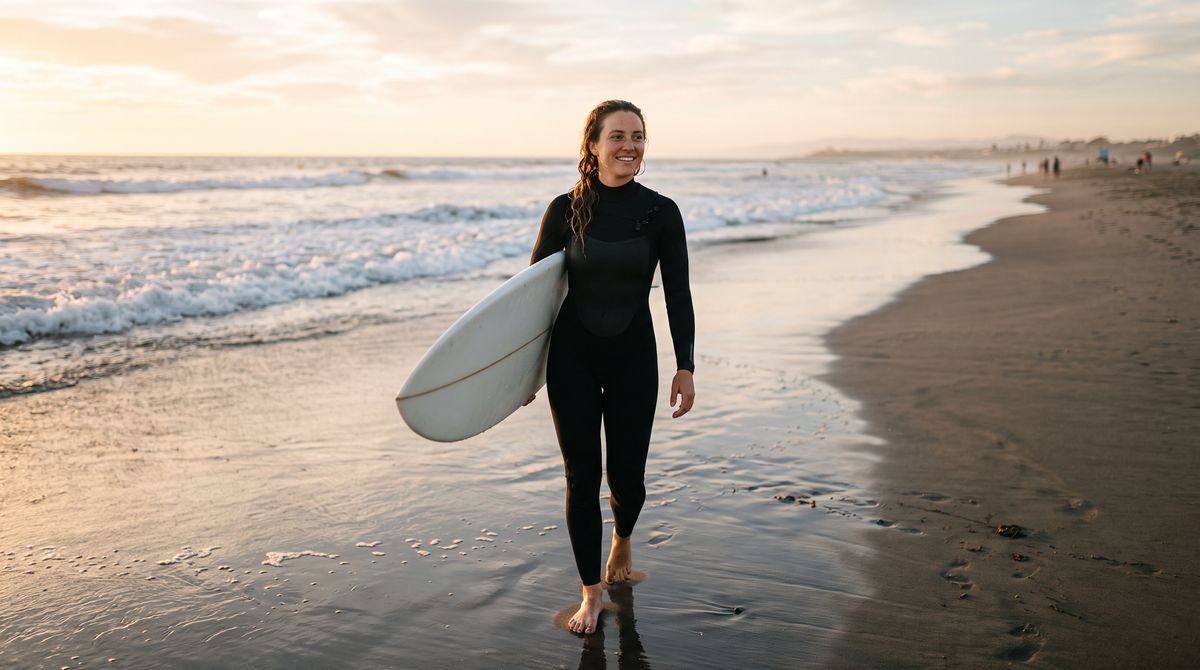 A surf instructor in a black wetsuit carrying a white surfboard along the waterline of a wide beach at golden hour, centered in a 16:9 frame