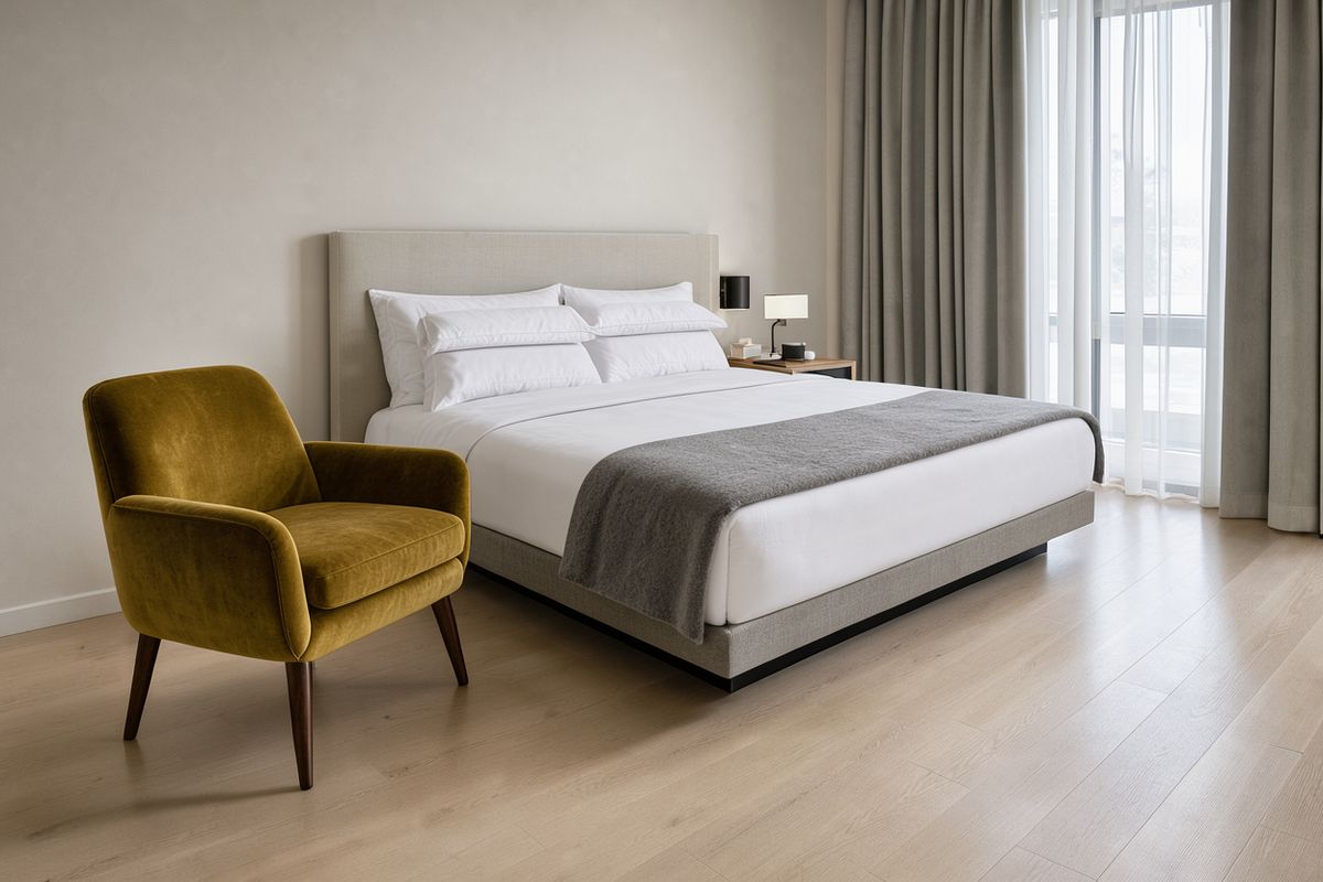 A hotel bedroom with a mustard velvet armchair on the left, a white bed with a gray throw in the center and a tall window with curtains on the right