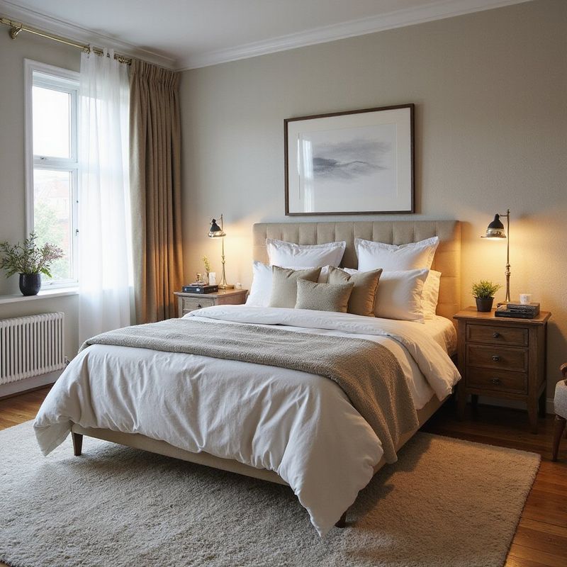 Cozy bedroom with a neatly made bed featuring white and beige bedding, flanked by wooden nightstands with lamps, a framed picture above the headboard, light curtains over a window, and a soft rug on a wooden floor