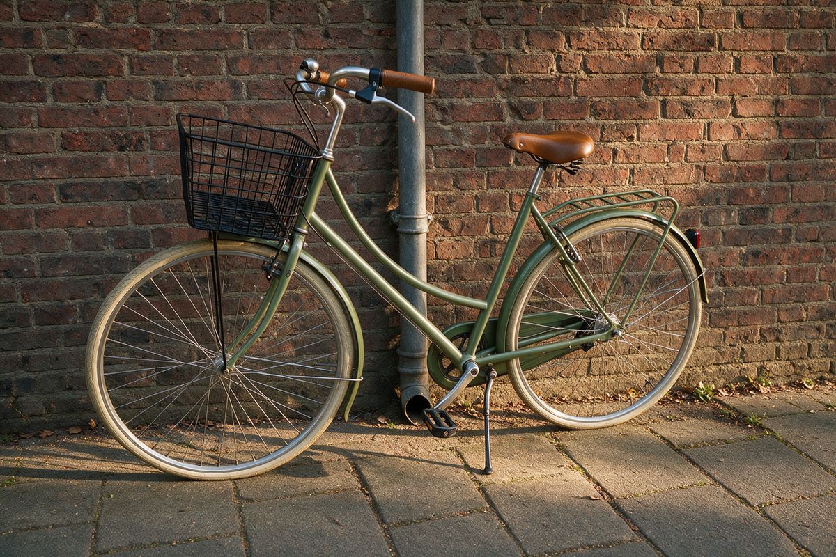 A sage green city bicycle with a wire basket leaning against a red brick wall
