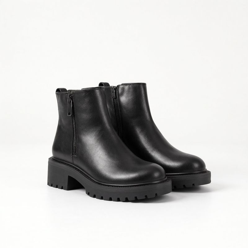 A pair of chunky black leather ankle boots with lug soles on white