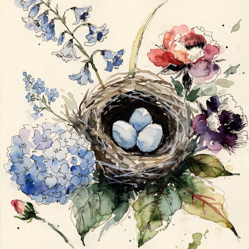 Watercolor botanical illustration of a small bird nest with three pale blue eggs on cream paper