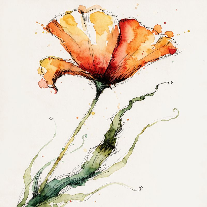 Watercolor botanical illustration of a single wild California poppy in bloom on cream paper