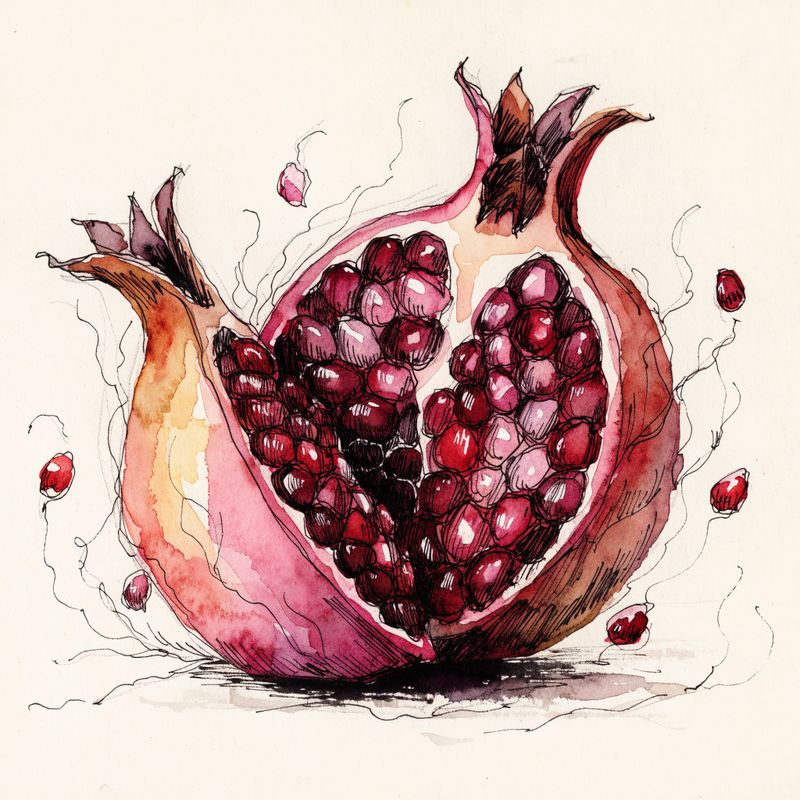 Watercolor botanical illustration of a pomegranate cut in half showing the seeds inside, on cream paper