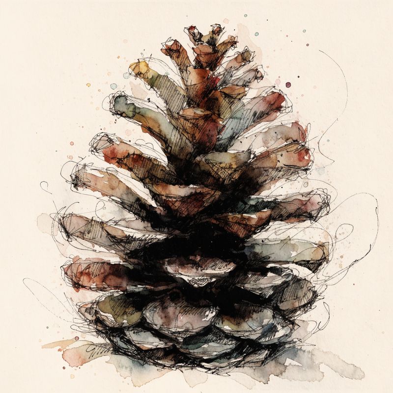 Watercolor botanical illustration of a single pine cone on cream paper