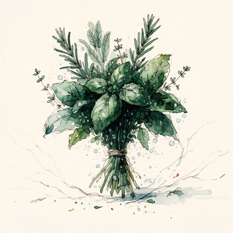 Watercolor botanical illustration of a loose bunch of fresh mixed herbs on cream paper