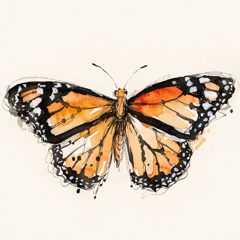 Watercolor botanical illustration of a single monarch butterfly with wings open, isolated on cream paper