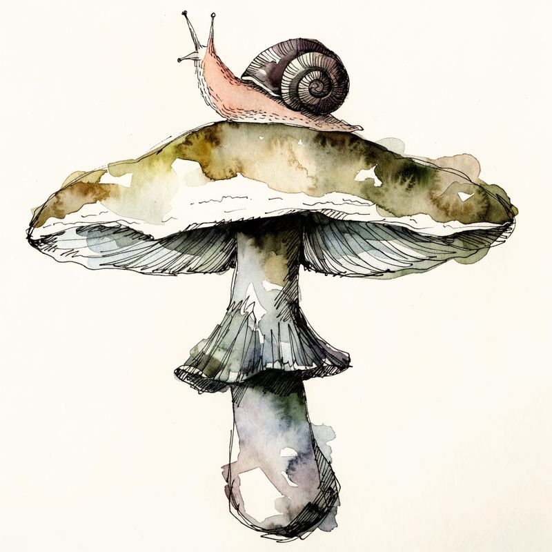 Watercolor botanical illustration of a small snail resting on a single mushroom cap, isolated on cream paper