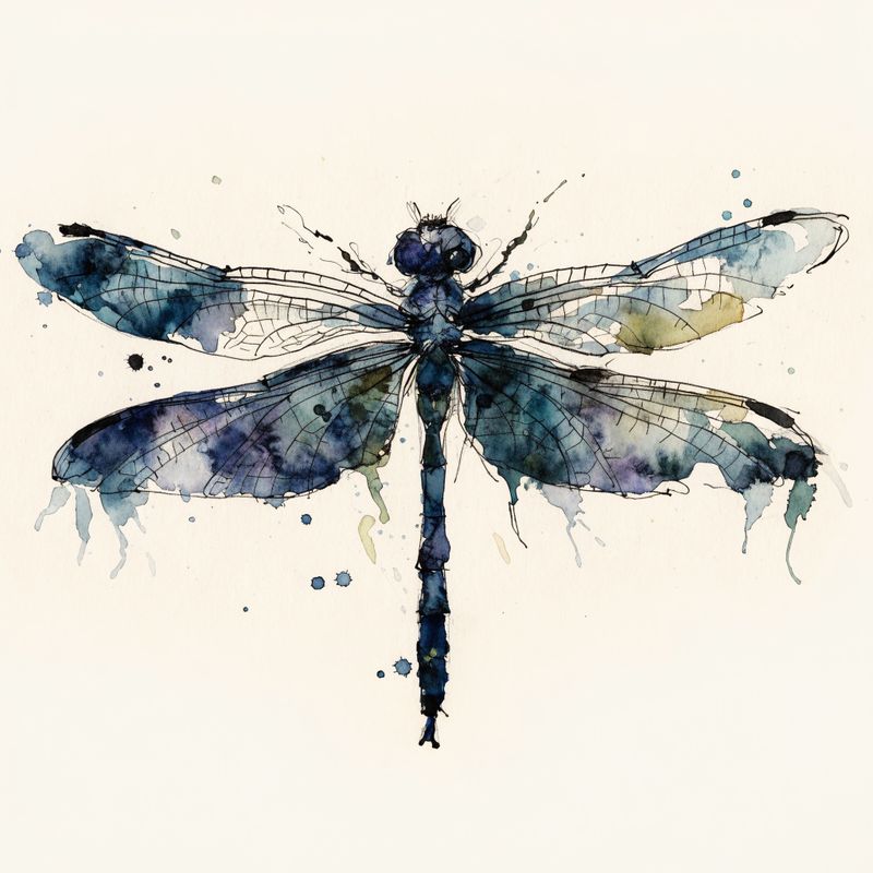 Watercolor botanical illustration of a single dragonfly with wings extended, isolated on cream paper