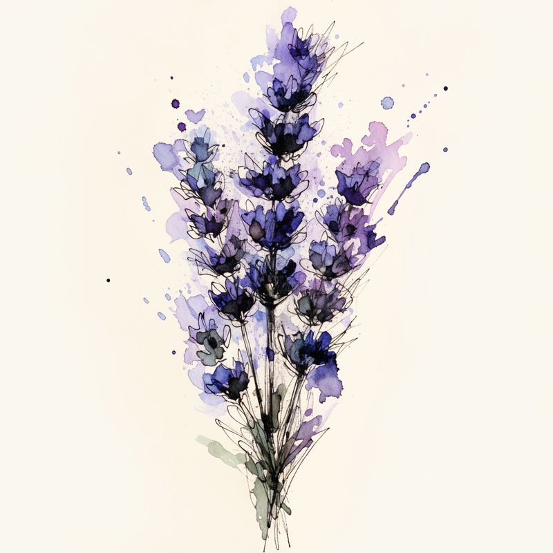 Watercolor botanical illustration of a sprig of lavender in bloom on cream paper