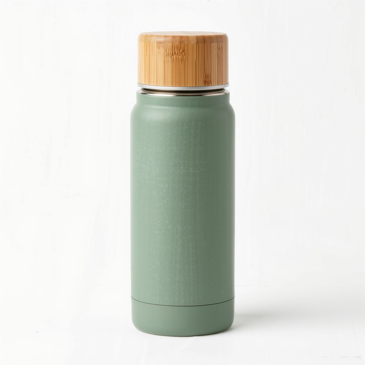 A matte sage green insulated water bottle with a bamboo lid on white