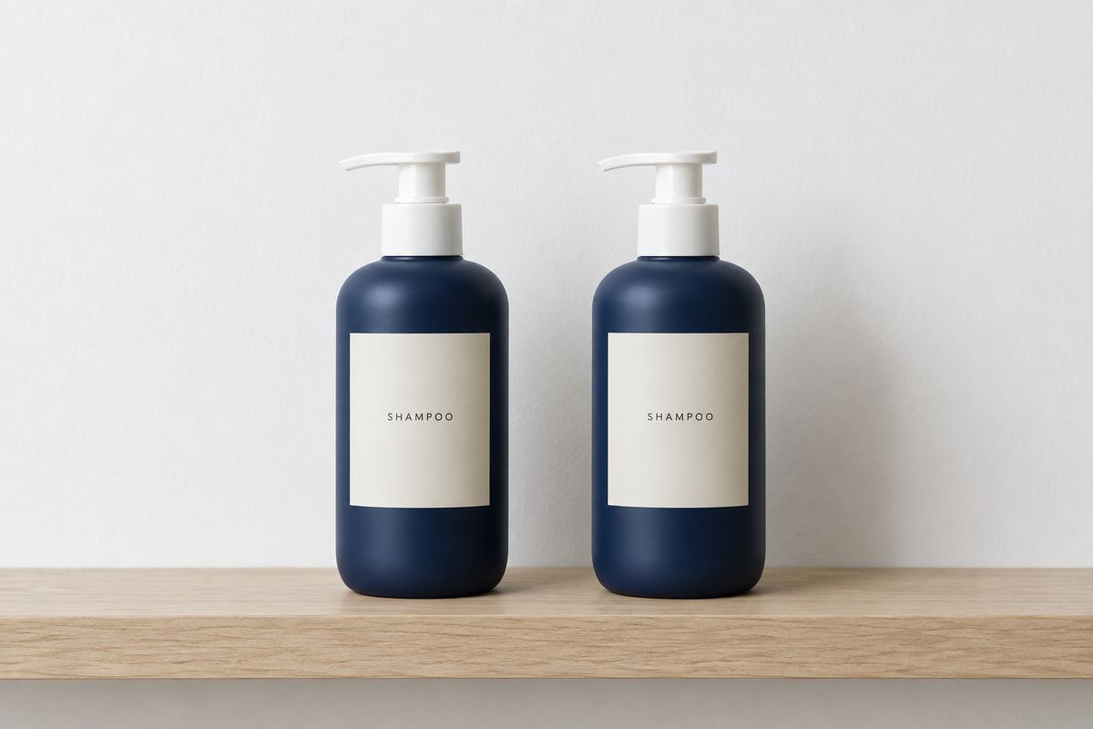 Two identical navy shampoo bottles standing side by side on a pale shelf against a plain white wall