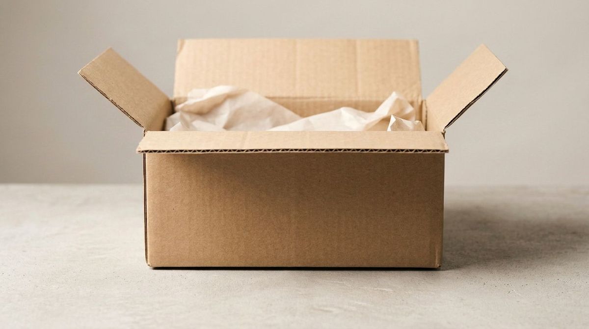 The same box with its four top flaps standing open and pale tissue paper visible inside