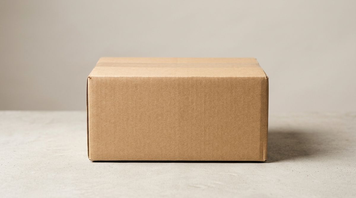 A plain kraft cardboard box standing closed on a pale concrete surface