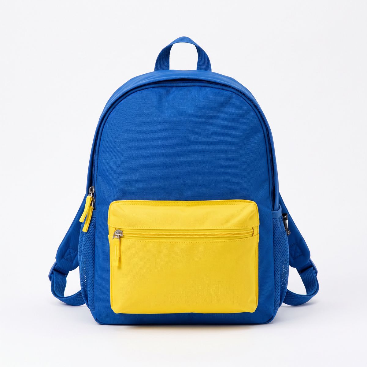 A cobalt blue kids' backpack with a yellow front pocket on white