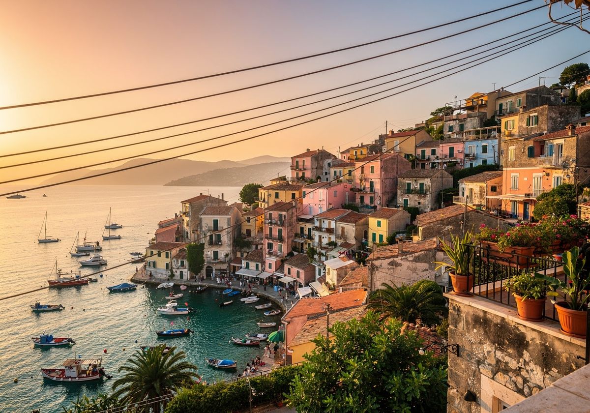 Mediterranean hillside village at sunset with power lines crossing the sky