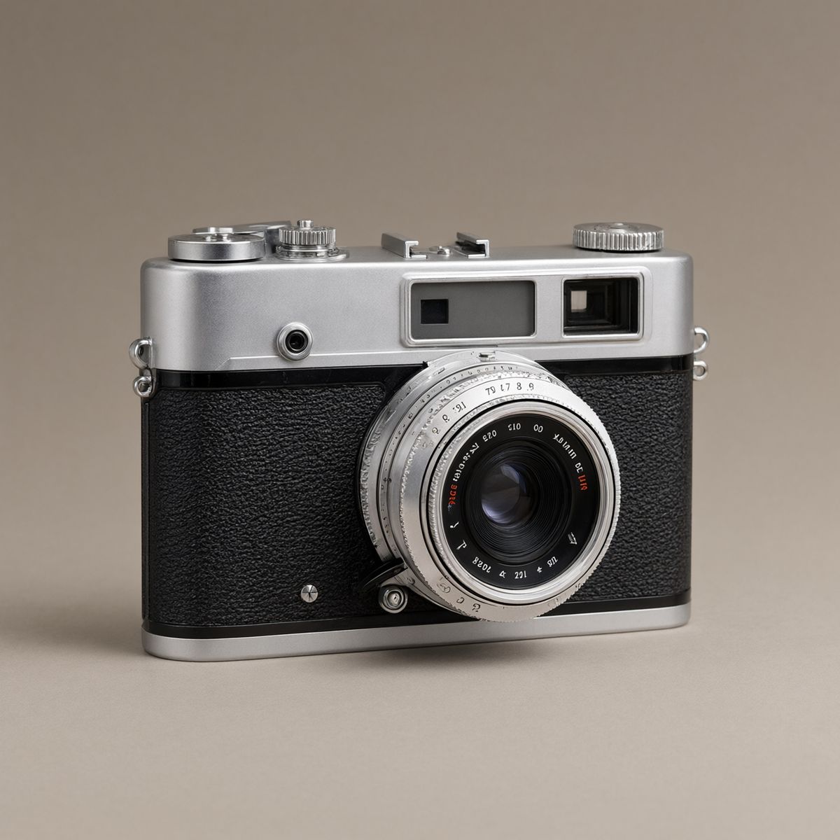 A vintage silver and black 35mm rangefinder camera on a plain warm grey backdrop