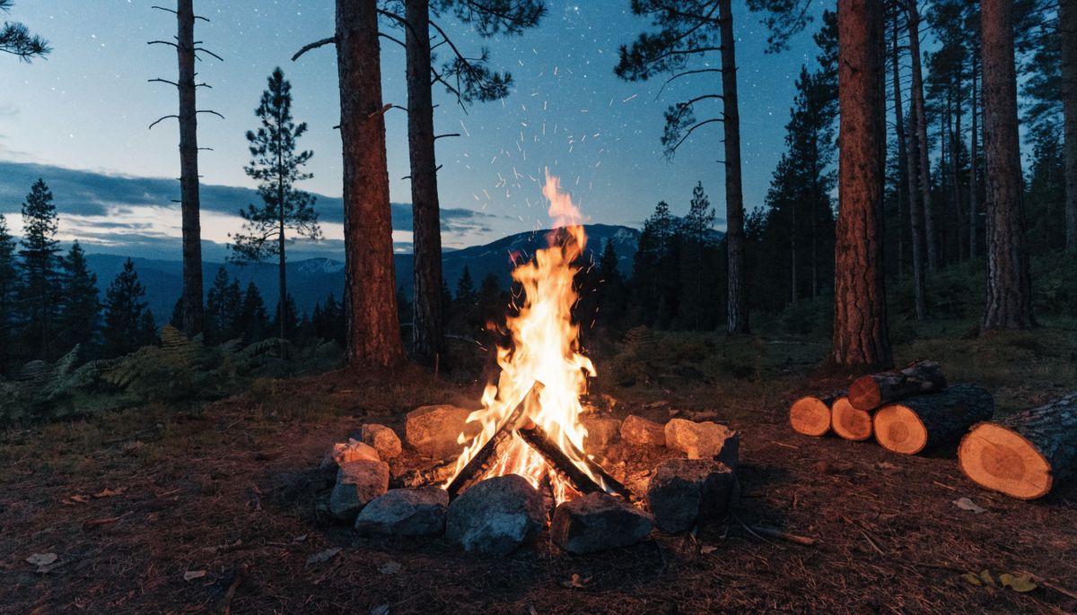 Bright orange campfire burning in a stone fire ring at the centre of a forest clearing, deep blue dusk sky and pine trees in the background