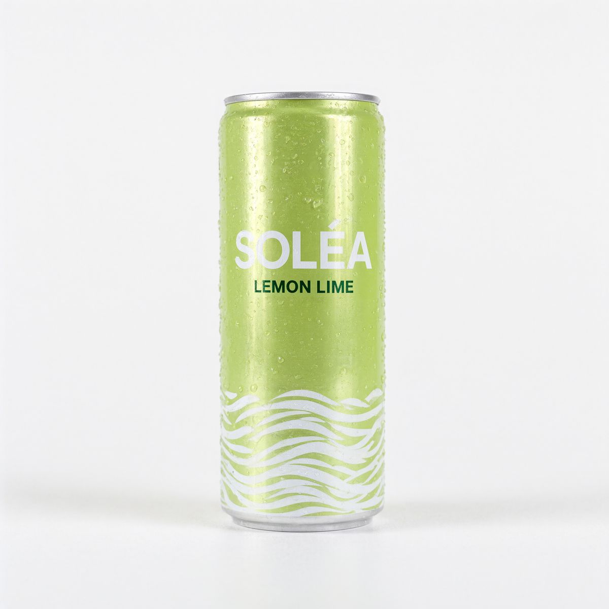 A slim pale lime green can printed with the brand name SOLÉA in white and the flavor LEMON LIME in dark green, with a white wave pattern at the base