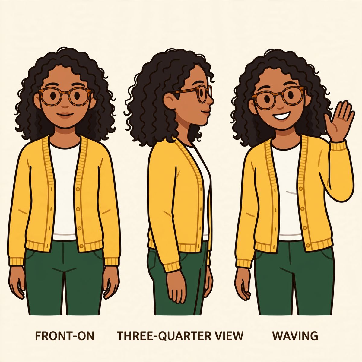A flat vector character sheet showing the same woman with dark curly hair, round tortoiseshell glasses and a mustard yellow cardigan drawn three times: front-on, three-quarter, and waving
