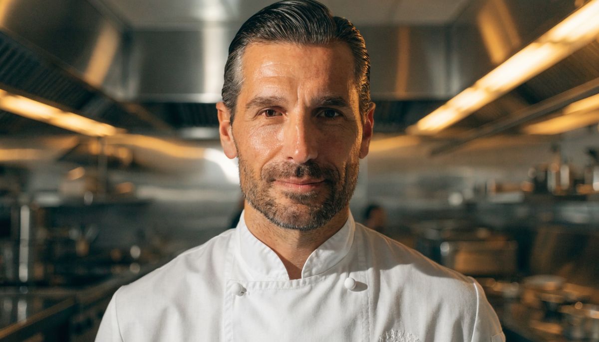 Professional chef with slicked-back dark hair and a trimmed beard, wearing a white double-breasted chef's jacket