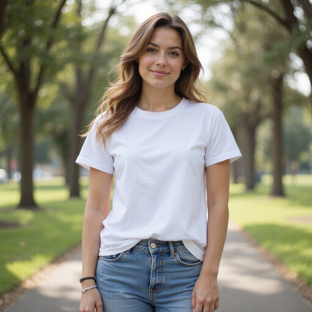 A woman wearing a plain white t-shirt and jeans, standing outdoors in soft daylight