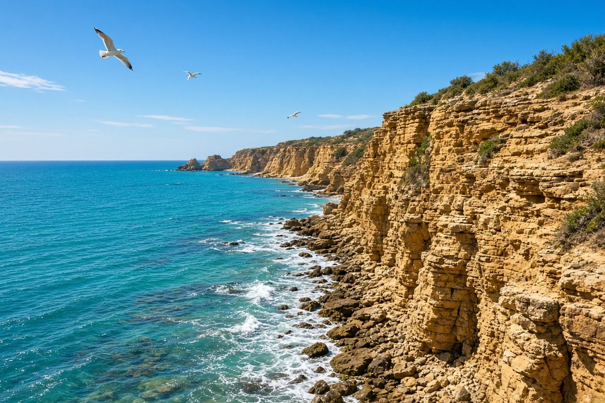 A photograph of a rugged coastal cliff with turquoise sea and golden sandstone rocks at midday
