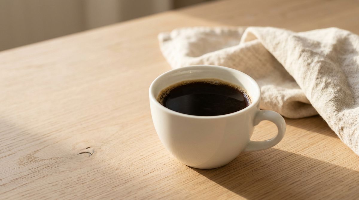 A white cup of black coffee on a pale oak counter, a folded linen cloth behind it, lit from the left