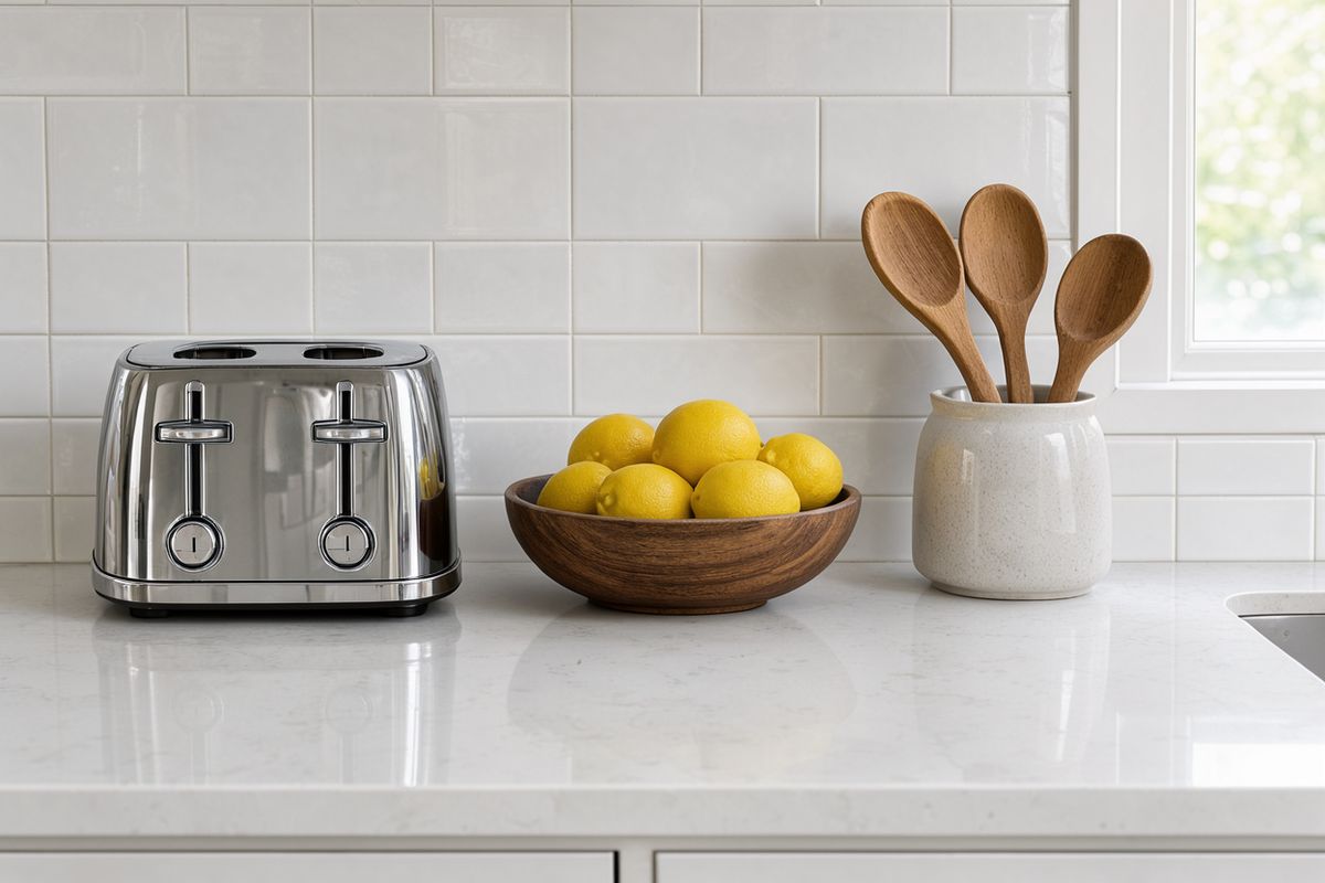 A white quartz kitchen counter against white subway tiles with a chrome toaster on the left, a bowl of lemons in the center and a jar of wooden spoons on the right