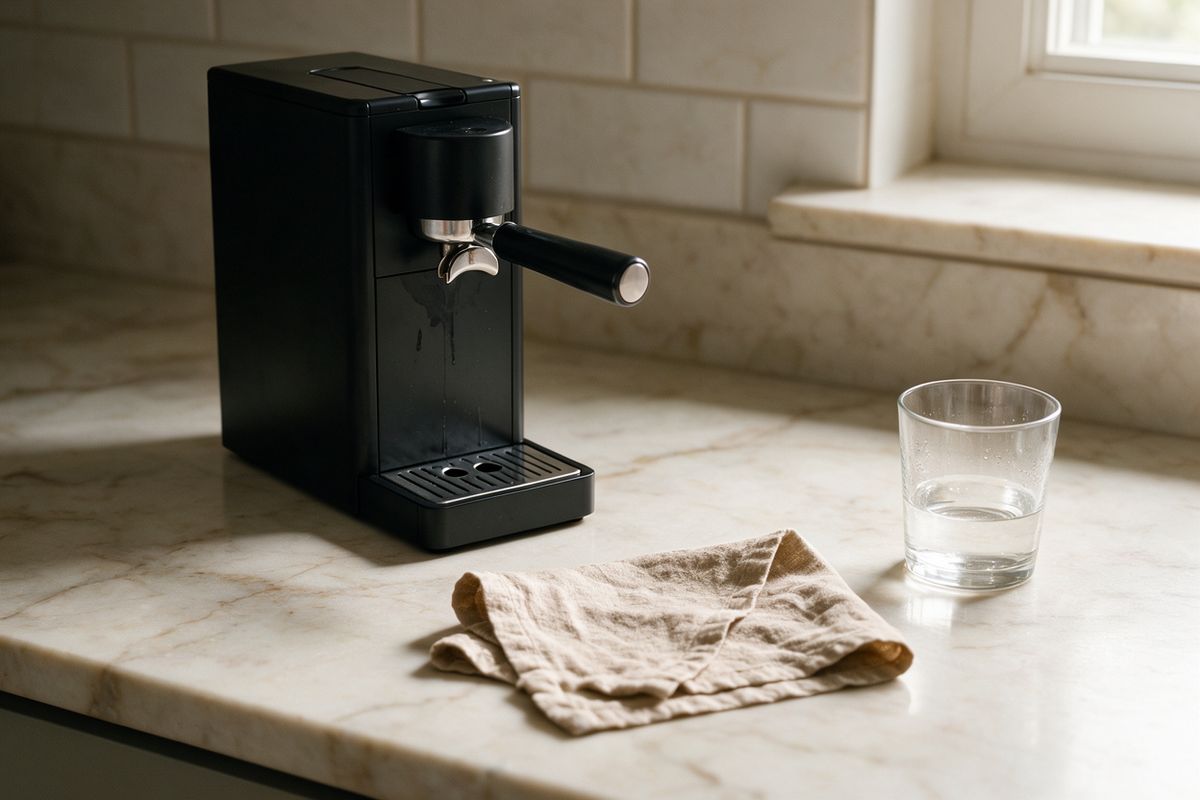 A marble kitchen counter with a matte black espresso machine, a folded linen cloth and a glass of water