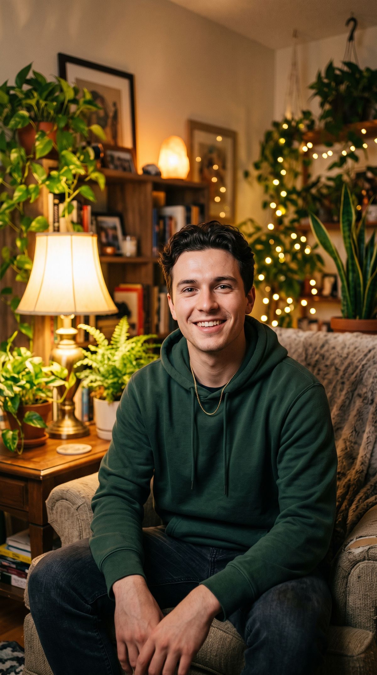 A cozy vertical photo of a young man in a hoodie in a warm lamp-lit room, looking at the camera with an easy smile