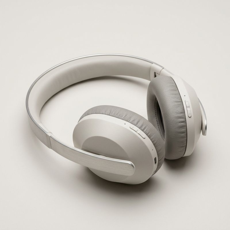 A packshot of matte off-white over-ear headphones with soft grey cushions and a brushed-silver headband on an off-white backdrop