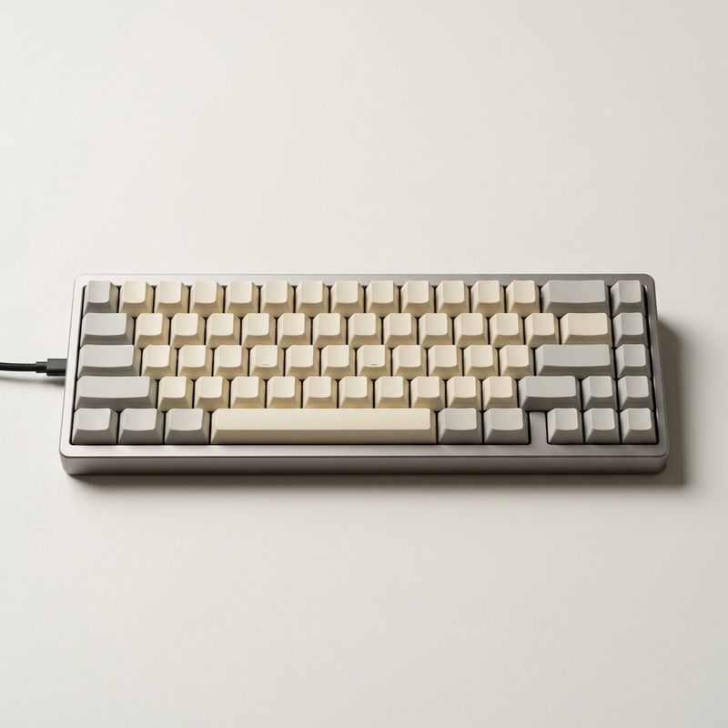 A packshot of a compact mechanical keyboard with cream and pale-grey keycaps in an aluminium frame on an off-white backdrop