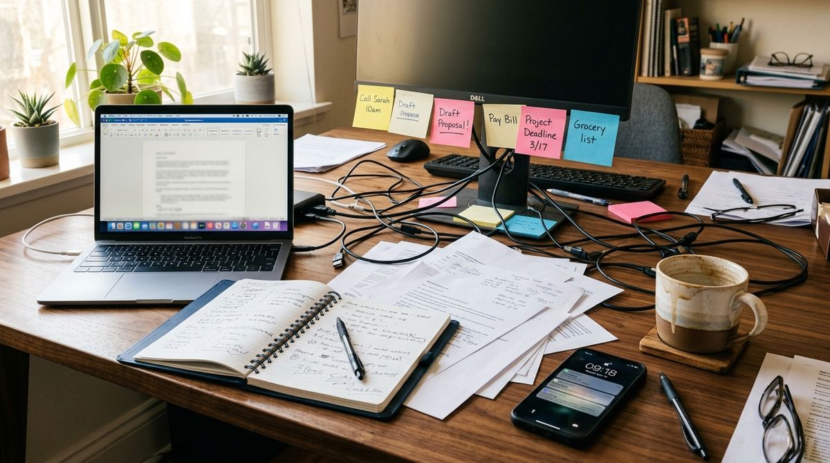 A cluttered home office desk from a locked-off angle: scattered papers, an open notebook, a laptop pushed to one side, a half-empty coffee mug, tangled cables, a phone lying face up, warm morning light