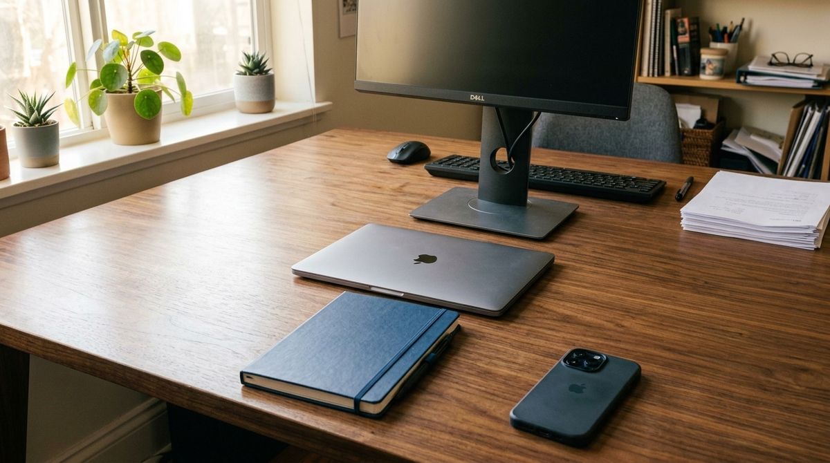 The same desk from the same locked-off angle: papers stacked and cleared, notebook closed and squared to the desk, laptop centred and closed, coffee mug removed, cables coiled and tucked, phone placed face down beside the notebook, clean and calm