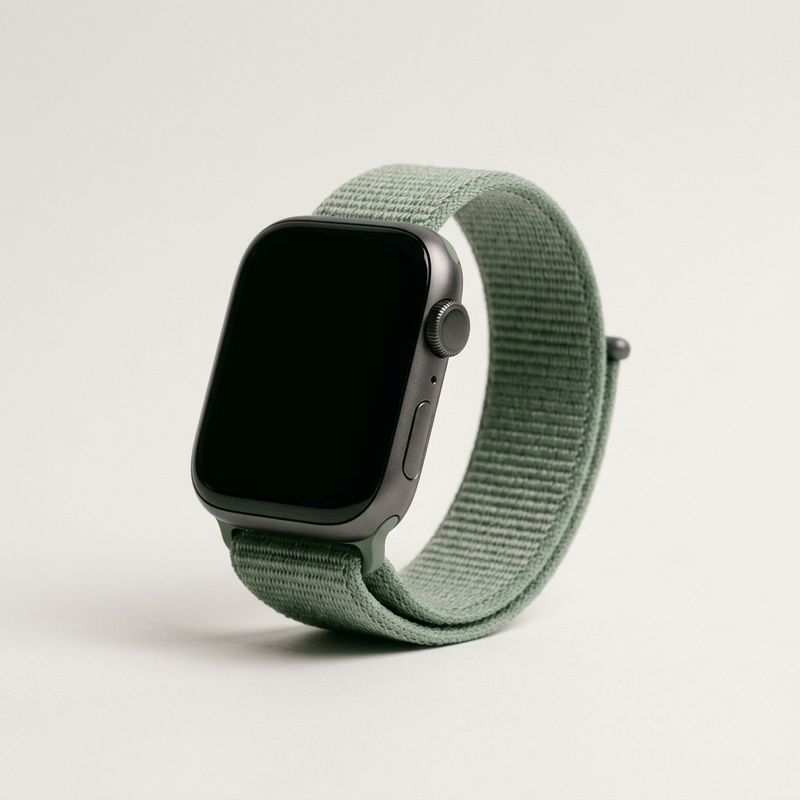 A packshot of a smartwatch with a charcoal case and a sage-green woven band on an off-white backdrop
