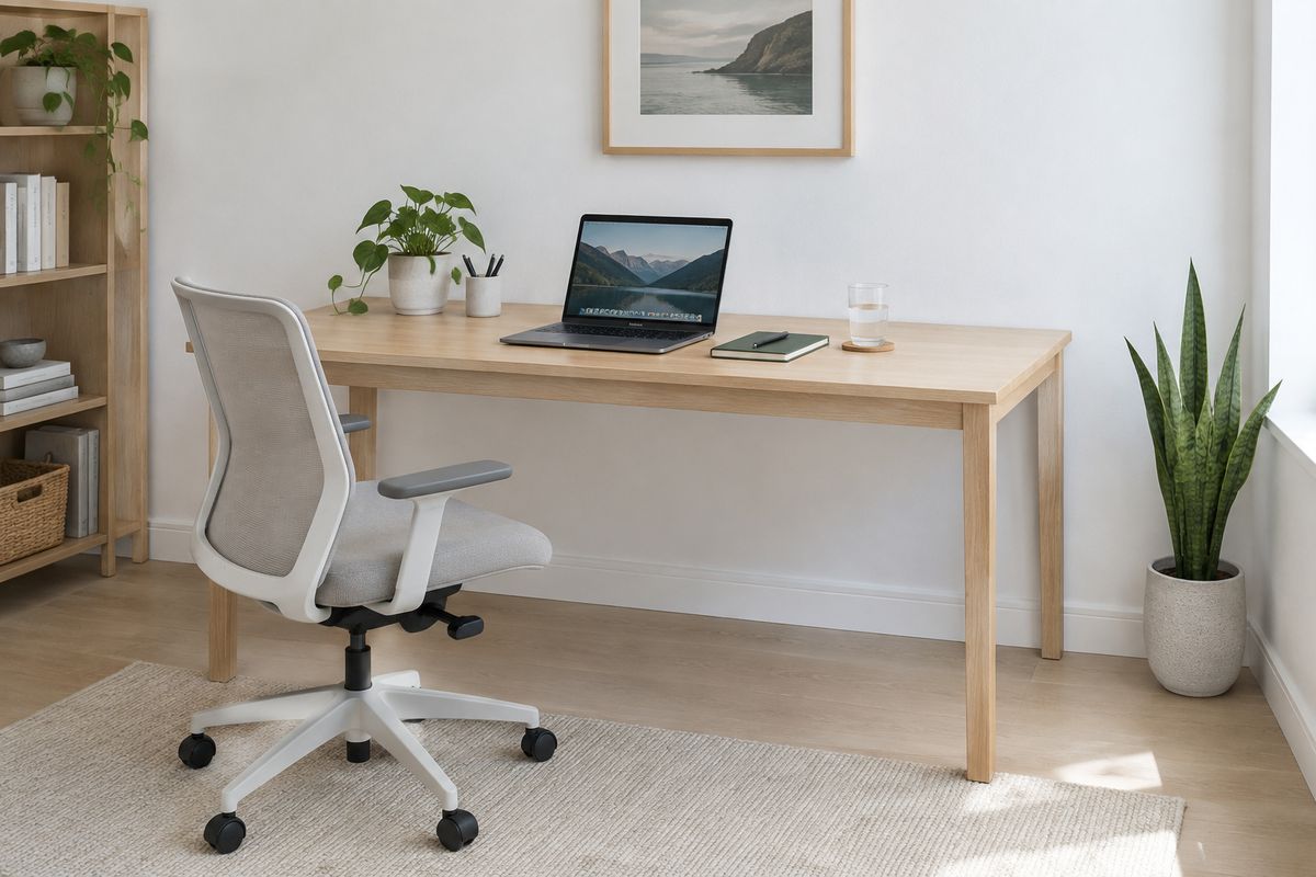 A pale oak desk against a white wall holding an open laptop, a closed notebook and a small glass of water on a round wooden coaster, with an office chair pulled out on the left