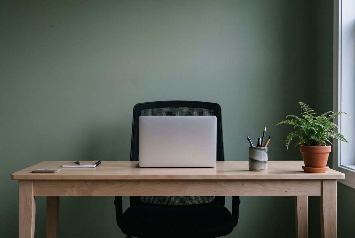 A birch desk against a sage green wall in dim evening light with no lamp, holding a silver laptop with a plain lid, a notebook, a phone, a ceramic pen cup, and a small fern, with a black mesh chair behind it
